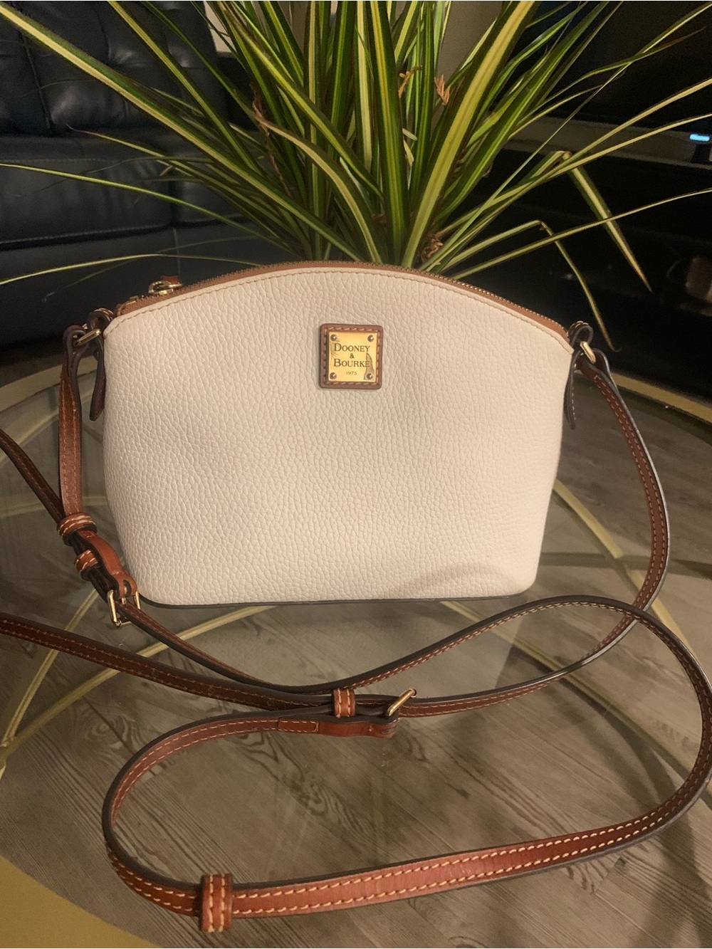 Dooney & Bourke White Pebble Leather Crossbody Bag with Brown Trim